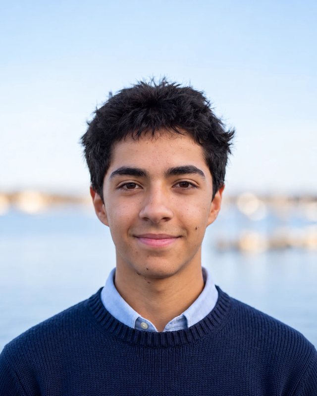 Liam Kranenburg smiling by the water, in a navy sweater over a light blue collared shirt